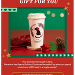 Free Special Edition Christmas Reusable Cup with $10 Min Spend at Starbucks (Members)