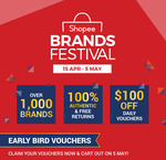 12% off (No Min Spend), $10 off ($65 Min Spend) or $15 off ($100 Min Spend) at Shopee Mall on 5th May