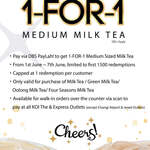 1 for 1 Medium Milk Tea at KOI Thé (DBS PayLah! Payments)