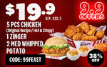 5pc Chicken, Zinger Burger and 2x Medium Whipped Potato for $19.90 (U.P. $32.50) at KFC Delivery