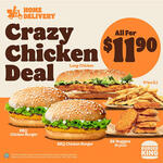 2x BBQ Chicken Burgers, Long Chicken, 6pc Nuggets & Large Fries for $11.90 at Burger King (Delivery Only)