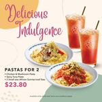 Chicken & Mushroom Pasta, Spicy Tuna Pasta with 2 Small Size African Sunrise Iced Teas at $23.80 from Coffee Bean