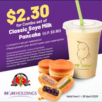 $2.30 for Combo set of Classic Soya Milk + Pancake for Healthcare Worker@Mr Bean