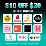 $10 off ($30/$40 Min Spend) at Selected Restaurants via Deliveroo