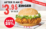 $3.95 Zinger Burger (U.P. $5.25) at KFC