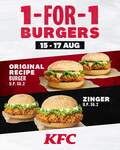 1 for 1 Original Recipe or Zinger Burgers @ KFC
