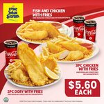Fish & Chicken/2pc Dory/3pc Chicken with Fries + Regular Coke/Coke No Sugar/Sprite for $5.60 at Long John Silver's