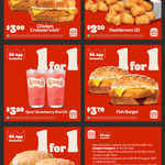 1 for 1: Chicken Croissanwich $3, Hashbrown $2.20, BBQ Chicken Burger $4.20, Fish Burger $3.70, Sjora $3.50 @ Burger King (App)