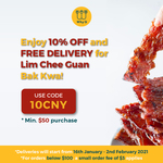 10% off with Free Delivery ($50 Min Spend) On Bak Kwa via Lim Chee Guan at WhyQ