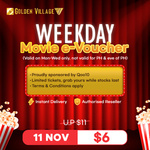 Weekday (Monday-Wednesday) Golden Village Movie Tickets $6 (U.P. $11) @ Qoo10 (App Only)