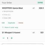 $1 Whopper (Was $6.40) When You Purchase an Upsized Whopper Meal at Burger King [via App]